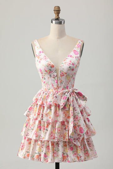 Pink Floral V-Neck A Line Tiered Short Prom Dress with Bow